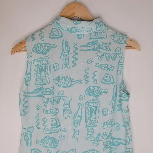MATCH Vintage Blue Green Linen Shift Dress Size 4 Sleeveless Beach Fish Print - Picture 6 of 9